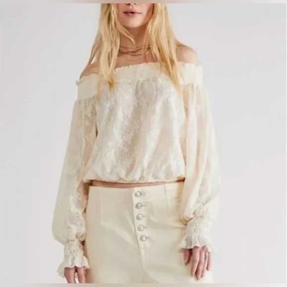 Free People Tops - Free People White Smocked Floral Emily Lace Off the Shoulder Top Size: Medium